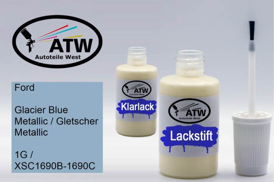 Ford, Glacier Blue Metallic / Gletscher Metallic, 1G / XSC1690B-1690C: 20ml Lackstift + 20ml Klarlack - Set, von ATW Autoteile West.